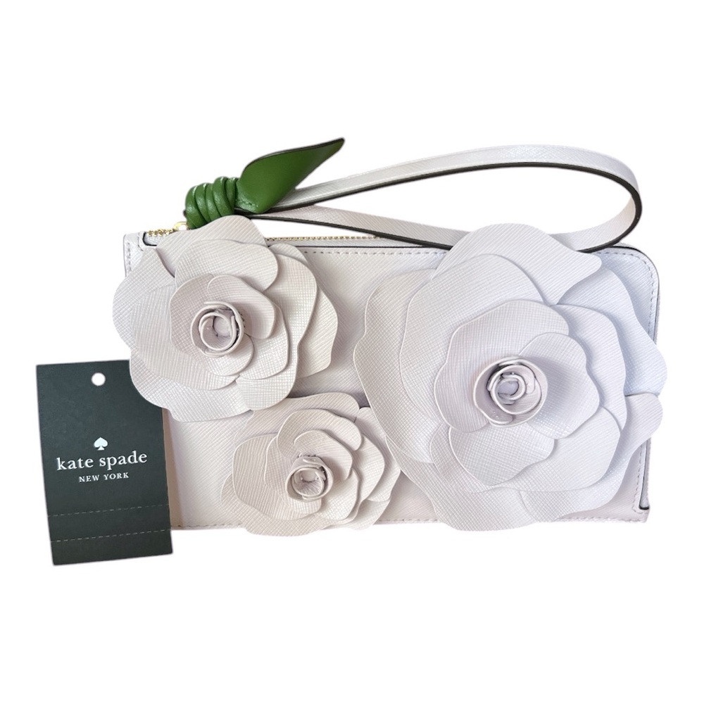 Kate Spade Medium L-Zip Wristlet 3-D Leather Flora Flower Wristlet + gift box - Picture 2 of 8